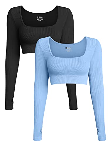 OQQ Damen 2-teiliges bauchfreies Top gerippt nahtlos Workout Übung Langarm Crop Tops, Schwarz, Bonbonblau, Klein von OQQ