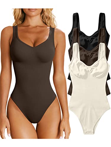 OQQ Damen 3 Stück Bodys Sexy Gerippt Ärmellos Shapewear Tank Tops Bodys, Schwarz Dunkelbraun Beige, S von OQQ