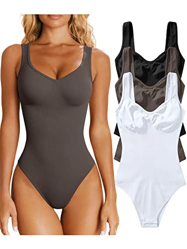 OQQ Damen 3 Stück Bodys Sexy Gerippt Ärmellos Shapewear Tank Tops Bodys, Schwarzes Teeblatt, Weiß, L von OQQ