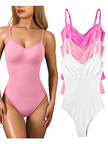 OQQ Damen 3 Stück Bodys Sexy Gerippt Ärmellos Verstellbar Spaghetti Streifen Shapewear Tops Bodys, Rose Candyblue Weiß, M von OQQ