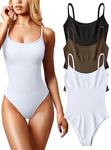 OQQ 3-teiliger Damen-Body, sexy, gerippt, ärmellos, verstellbar, Spaghetti-Streifen, Shapewear-Bodys, Schwarz / Kaffeeweiß, S von OQQ