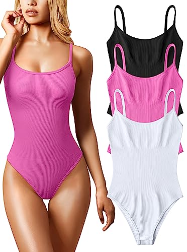 OQQ 3-teiliger Damen-Body, sexy, gerippt, ärmellos, verstellbar, Spaghetti-Streifen, Shapewear-Bodys, Schwarz / Rosa / Weiß, S von OQQ