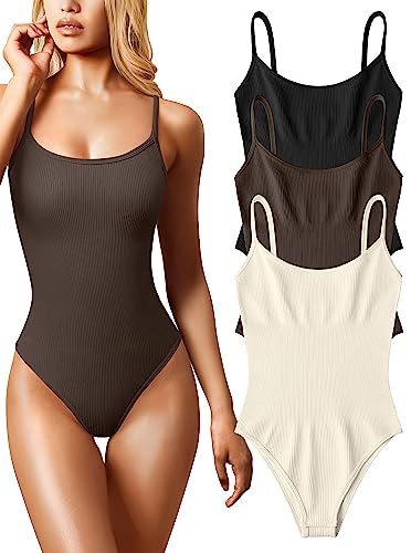 OQQ Damen 3 Stück Bodys Sexy Gerippt Ärmellos Verstellbar Spaghetti Streifen Tops Shapewear Bodys, Schwarz Dunkelbraun Beige, S von OQQ