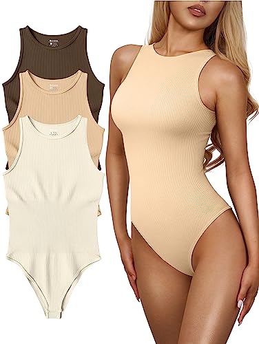 OQQ 3-teiliger Damen-Body, sexy, gerippt, einteilig, ärmellos, Neckholder-Bodys, Coffee Milktea Beige, M von OQQ