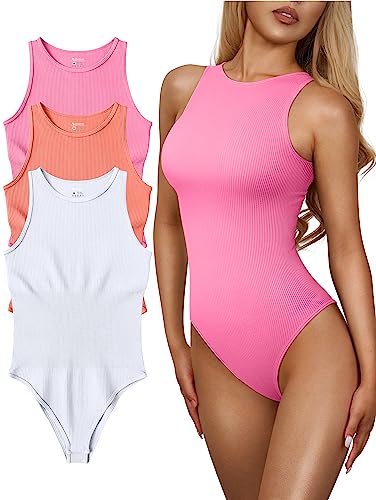 OQQ Damen 3 Stück Bodys Sexy Gerippt Einteiler Ärmellos Neckholder Bodys, Phosphor Korallen-orange Weiß, L von OQQ