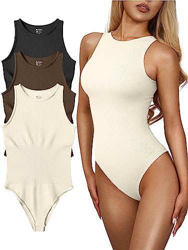 OQQ Damen 3 Stück Bodys Sexy Gerippt Einteiler Ärmellos Neckholder Bodys, Schwarz, Kaffee, Beige, XL von OQQ