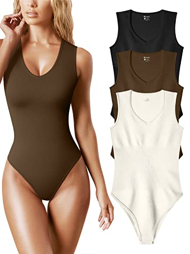 OQQ Damen 3 Stück Bodys Sexy Gerippt V-Ausschnitt Ärmellos Tank Tops Bodys, Schwarz, Kaffee, Beige, L von OQQ