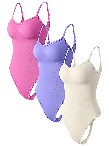 OQQ Damen 3 Stück Bodys Sexy Gerippt Verstellbar Spaghetti Streifen Ärmellos Shapewear Tops Tangas Bodys, Rosa, Lila, Beige, M von OQQ