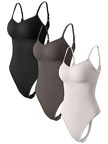 OQQ Damen 3 Stück Bodys Sexy Gerippt Verstellbar Spaghetti Streifen Ärmellos Shapewear Tops Tangas Bodys, Schwarz, Teeblatt, Bimsstein Grau, S von OQQ