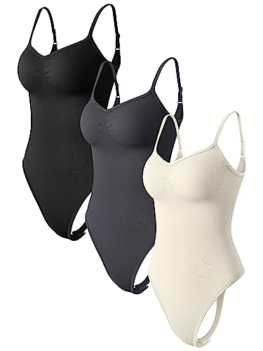 OQQ Damen 3 Stück Bodysuits Sexy Gerippte Verstellbare Spaghettiträger Ärmellose Shapewear Tops Tangas Bodysuits, Schwarz, Dunkelgrau, Beige, M von OQQ