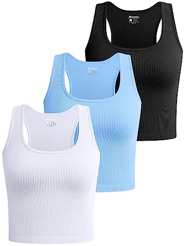 OQQ Damen 3 Stück Crop Tank Tops Gerippt Nahtlos Workout Ärmellose Shirts Racerback Crop Tops, Schwarz, Candyblue, Weiß, L von OQQ