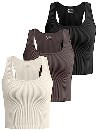 OQQ Damen 3 Stück Crop Tank Tops Gerippt Nahtlos Workout Ärmellose Shirts Racerback Crop Tops, Schwarzer Teeblatt, Beige, L von OQQ