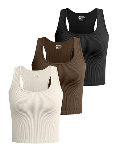 OQQ Damen 3 Stück Crop Tank Tops Gerippte Nahtlose Workout Übung Shirts Yoga Basic Racerback Crop Tops, Schwarz, Kaffee, Beige, Mittel von OQQ