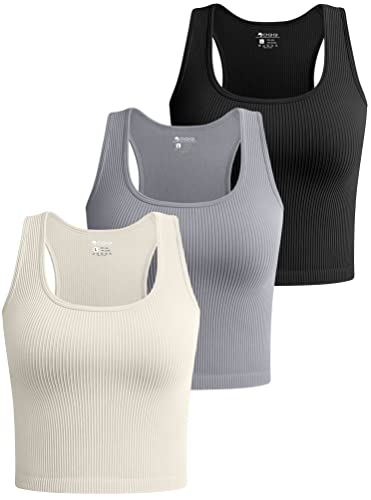 OQQ Damen 3 Stück Crop Tank Tops Gerippte Nahtlose Workout Übung Shirts Yoga Basic Racerback Crop Tops, Schwarz Grau Beige, Groß von OQQ