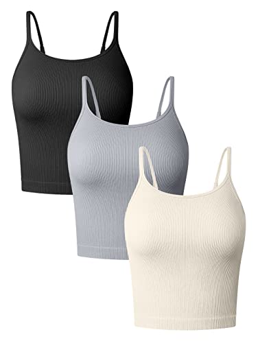 OQQ Damen 3 Stück Tank Tops Gerippte Verstellbare Spaghetti-Streifen Workout Shirts Yoga Crop Tops, Schwarz Grau Beige, Klein von OQQ