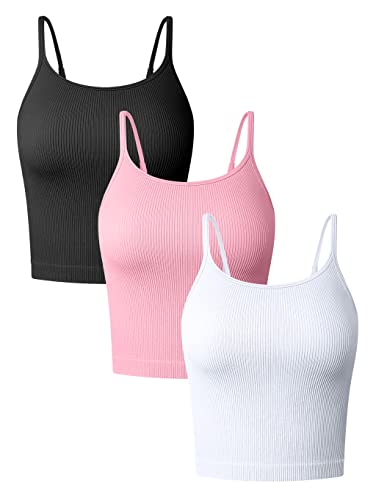 OQQ Damen 3 Stück Tank Tops Sexy Gerippte Verstellbare Spaghetti Streifen Workout Shirts Yoga Crop Tops, Black Candypink White, Groß von OQQ