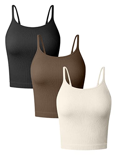 OQQ Damen 3 Stück Tank Tops Sexy Gerippte Verstellbare Spaghetti Streifen Workout Shirts Yoga Crop Tops, Schwarz, Kaffee, Beige, Klein von OQQ