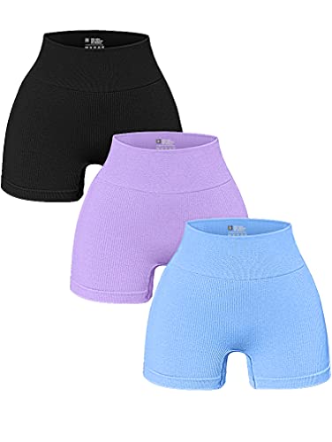 OQQ Damen 3-teilige Yoga-Shorts Gerippte Nahtlose Workout Hohe Taille Athletic Leggings, A: schwarz, Lavendel, bonbonblau, Mittel von OQQ