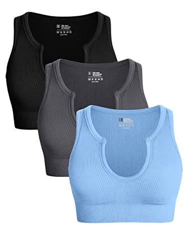 OQQ Damen 3-teilig Medium Support Crop Top Nahtlos Gerippte Abnehmbare Cups Workout Yoga Sport BH, Schwarz, Dunkelgrau, Candyblue, small von OQQ