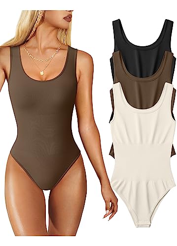 OQQ Damen 3-teilige Bodysuits Sexy Gerippt Ärmellos U-Ausschnitt Ärmellos Einteiler Tank Tops Bodysuits, Schwarz, Kaffee, Beige, L von OQQ