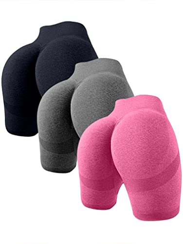 OQQ 3-teilige Yoga-Shorts für Damen, Workout, hohe Taille, Bauchkontrolle, gerüschte Bootyhose, Schwarz, Grau, Pflaumerrot, Klein von OQQ