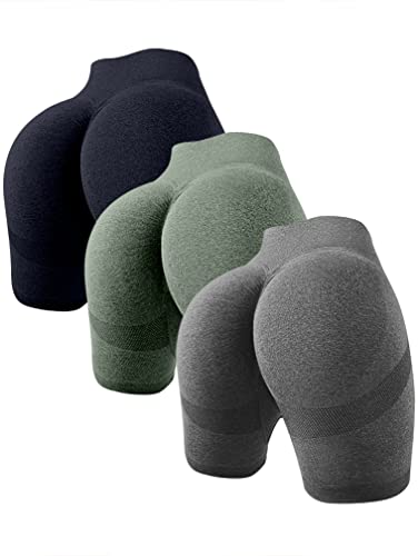 OQQ Damen 3-teilige Butt Lifting Yoga Shorts Workout Hohe Taille Bauchkontrolle Ruched Booty Pants, Schwarz Armeegrün Grau, Mittel von OQQ