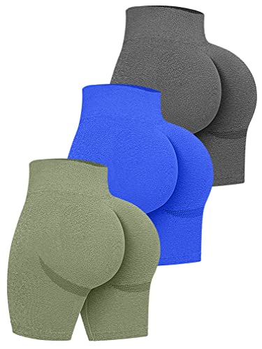 OQQ Damen 3-teilige Hohe Taille Workout Shorts Butt Lifting Bauch Control Ruched Booty Smile Yoga Kurze Hose, Grau-Blaue Avocadogreen, Mittel von OQQ