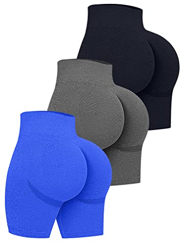 OQQ Damen 3-teilige Workout-Shorts mit hoher Taille, Po-Lifting, Bauchkontrolle, gerüscht, lächelnd, Yoga, Kurze Hose, Schwarz Grau Blau, Mittel von OQQ