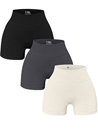 OQQ Damen 3-teilige Yoga-Shorts Gerippte Nahtlose Workout Hohe Taille Athletic Leggings, A: Schwarz, Grau, Beige, Klein von OQQ