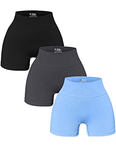 OQQ Damen 3-teilige Yoga-Shorts Gerippte Nahtlose Workout Hohe Taille Athletic Leggings, Aa: schwarz, grau, bonbonblau, Groß von OQQ