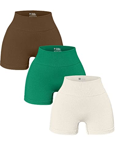 OQQ Damen 3-teilige Yoga-Shorts Gerippte Nahtlose Workout Hohe Taille Athletic Leggings, Kaffee-Grün, Beige, Mittel von OQQ