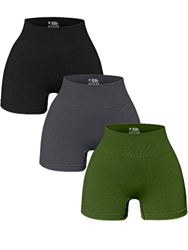 OQQ Damen 3-teilige Yoga-Shorts Gerippte Nahtlose Workout Hohe Taille Athletic Leggings, Schwarz, Grau, Armeegrün, Klein von OQQ