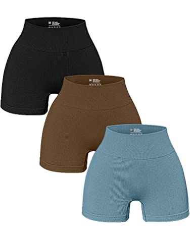 OQQ Damen 3-teilige Yoga-Shorts Gerippte Nahtlose Workout Hohe Taille Athletic Leggings, Schwarz, Kaffeeblau, Klein von OQQ