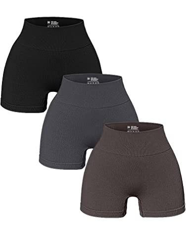 OQQ Damen 3-teilige Yoga-Shorts Gerippte Nahtlose Workout Hohe Taille Athletic Leggings, Schwarz-graue Teeblätter, Groß von OQQ