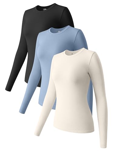 OQQ Damen 3-teiliges Langarm-Top, Rundhalsausschnitt, Stretch, Unterhemd, Unterhemd, T-Shirt, Tops, Schwarz, Dunstblau, Beige, Klein von OQQ