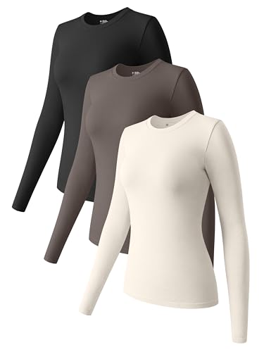 OQQ Damen 3-teiliges Langarm-Top, Rundhalsausschnitt, Stretch, Unterhemd, Unterhemd, T-Shirt, Tops, Schwarz, Teeblatt, Beige, Klein von OQQ