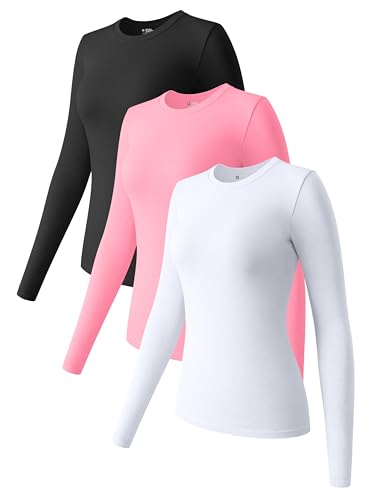 OQQ Damen 3-teiliges Langarm-Top, Rundhalsausschnitt, Stretch, Unterhemd, Unterhemd, T-Shirt, Tops, Schwarz, Weiß, Candypink, Klein von OQQ