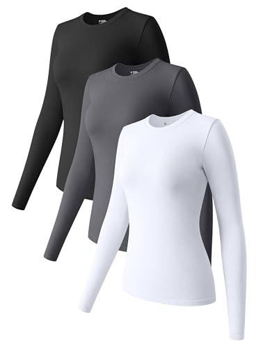 OQQ Damen 3-teiliges Langarm-Top, Rundhalsausschnitt, Stretch, Unterhemd, Unterhemd, T-Shirt, Tops, Schwarz, dunkelgrau, weiß, Klein von OQQ