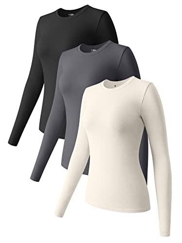 OQQ Damen 3-teiliges Langarm-Top, Rundhalsausschnitt, Stretch, Unterhemd, Unterhemd, T-Shirt, Tops, Schwarz Dunkelgrau Beige, Mittel von OQQ