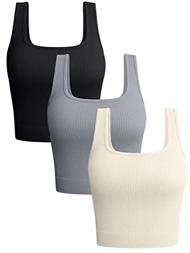 OQQ Damen 3-teiliges Langarm-Top, Rundhalsausschnitt, Stretch, enganliegend, Unterhemden, Oberteile, Schwarz Grau Beige, Groß von OQQ