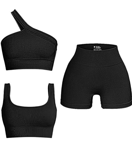 OQQ Damen 3-teiliges Outfits, gerippt, nahtlos, U-Ausschnitt, Sport-BH, eine Schulter, Tops, hohe Taille, Shorts, aktives Set, schwarz, Medium von OQQ