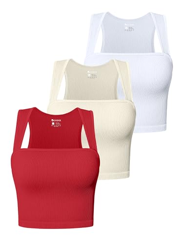 OQQ Damen 3-teiliges Tank-Top, ärmellos, quadratischer Ausschnitt, Stretch, bauchfreies Camis, Rot, Beige, Weiß, X-Groß von OQQ