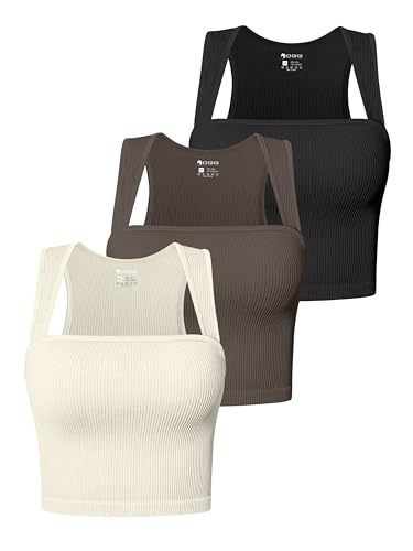 OQQ Damen 3-teiliges Tank-Top, ärmellos, quadratischer Ausschnitt, Stretch, bauchfreies Camis, Schwarz, Teeblatt, Beige, Mittel von OQQ