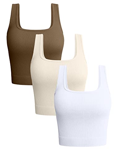 OQQ Damen 3-teiliges Tank-Top, gerippt, nahtlos, Workout, Übung, Yoga, Crop Tops, Kaffee Beige Weiß, Klein von OQQ