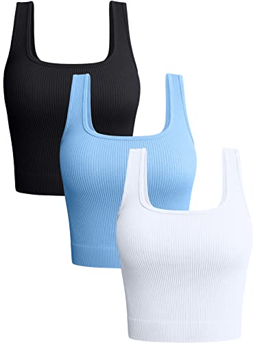 OQQ Damen 3-teiliges Tank-Top, gerippt, nahtlos, Workout, Übung, Yoga, Crop Tops, Schwarz Candyblue Weiß, Klein von OQQ