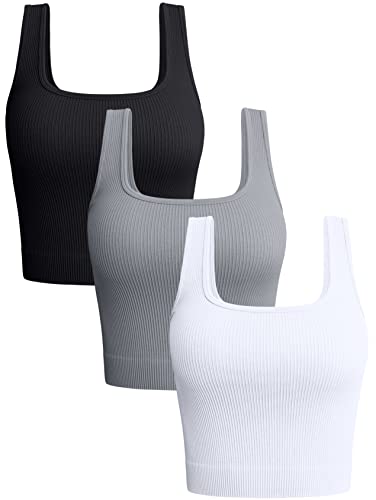 OQQ Damen 3-teiliges Tank-Top, gerippt, nahtlos, Workout-Shirts, Yoga, bauchfreies Top, Schwarz Grau Weiß, Mittel von OQQ