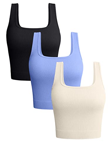 OQQ Damen 3-teiliges Tank-Top, gerippt, nahtlos, Workout, Übung, Yoga, Crop Tops, Schwarz Himmelblau Beige, Klein von OQQ