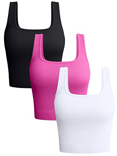 OQQ Damen 3-teiliges Tank-Top, gerippt, nahtlos, Workout, Übung, Yoga, Crop Tops, Schwarz Rose Weiß, S von OQQ