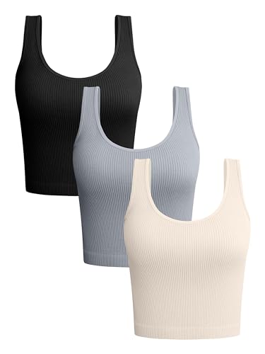 OQQ Damen 3-teiliges Tank-Top, gerippt, nahtlos, Workout-Shirts, Yoga, ärmellos, bauchfrei, Schwarz Grau Beige, Klein von OQQ