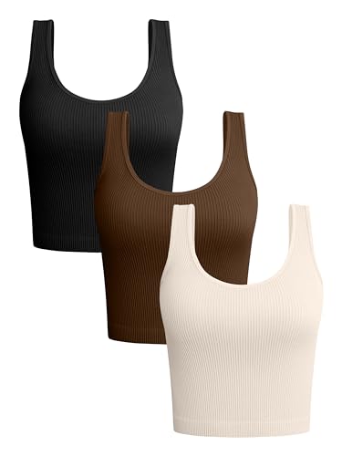 OQQ Damen 3-teiliges Tank-Top, gerippt, nahtlos, Workout-Shirts, Yoga, ärmellos, bauchfrei, Schwarz, Kaffee, Beige, Klein von OQQ